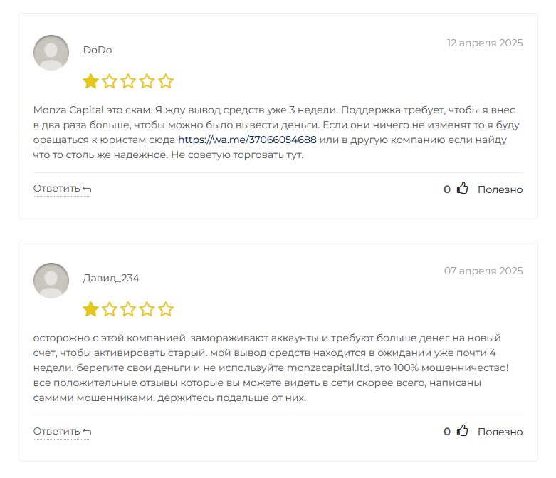 Отзывы клиентов о компании Monza Capital
